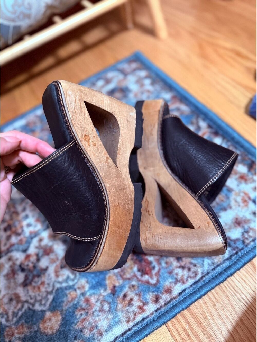Black Leather Open Toe Platform Clogs with Wood Heels size 7 US